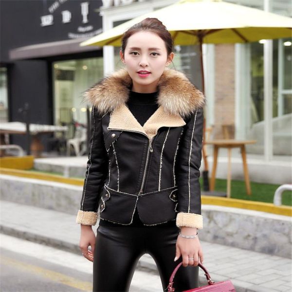 

leather jacket women fashionable creative fur collar hipster 2020 new winter splicing lapel ladies coat heavy, Black
