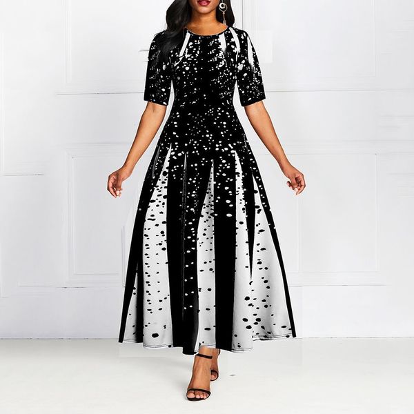 

2021 new print long evening half-sleeve fashion line draped elegant dress ladies in thin soiree robe 58wg, Black;gray