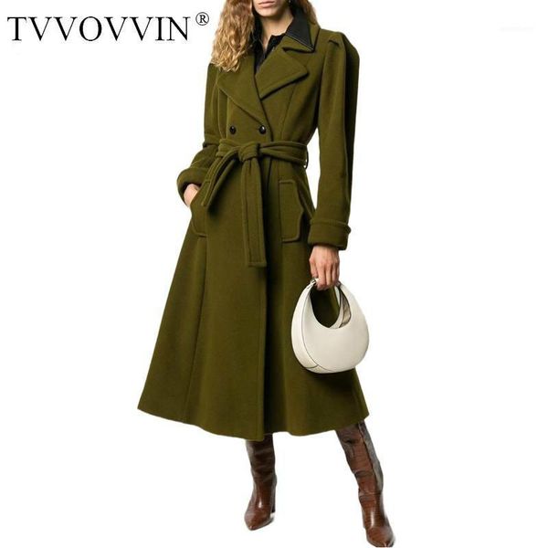 

tvvovvin wool women coat temperament woolen overcoat double breasted lace up woolen jacket loose long women winter coats cm121, Black