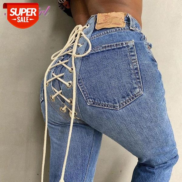 

women jeans casual drawstring high waist lace up pencil jeans pants 2020 autumn outfit streetwear denim trouser straight #6j84, Black;white