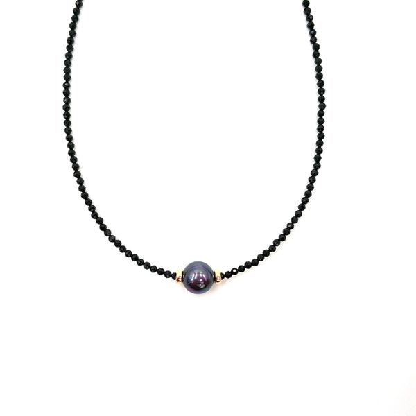 LiiJi Einzigartige Halsband-Halskette, echte schwarze Spinell-Facettenperlen, schwarze Tahiti-Muschelperle, 925er Sterlingsilber, goldfarben, Geschenk Q0531