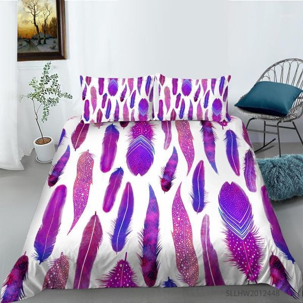 

3d purple feathers printing comforter bedding set single double  king size 2/3pcs quilt cover with pillowcases1
