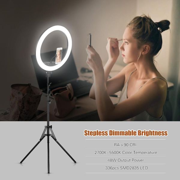 

18 inch led ring light fill-in lamp 48w dimmable brightness adjustable 2700k-5500k color temperature lighting with tripod