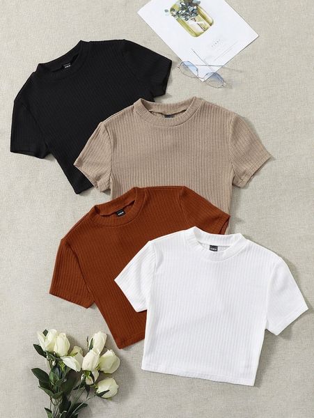 

4pcs solid ribbed knit tee 76np#, White