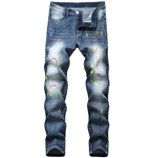 

2021 men's original design new jeans fashion trend flip paint jeans1, Blue