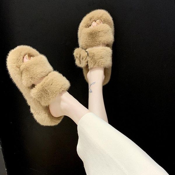 

home slippers women's flock female shoes fur flip flops slides low winter footwear fashion massage 2020 plush flat luxury, Black