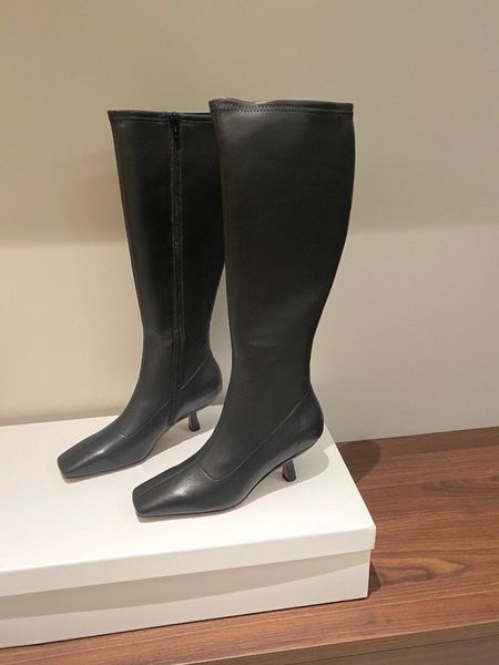 

genuine leather 2020 women knee high boots fashion simple long boots autumn winter square heels knight woman, Black