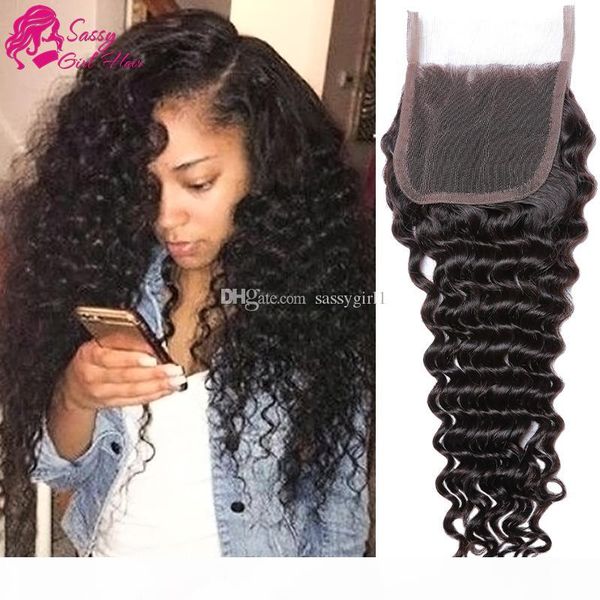 

malaysian deep wave middle part closure natural color deep curly virgin hair closure part three part 4*4 human hair closure sassy girl, Black;brown