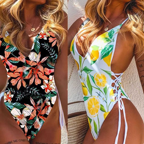 

women's printed one-piece swimsuit, deep v-neck hollowed side bandage triangle sling swimwear for beach/swimming, White;black