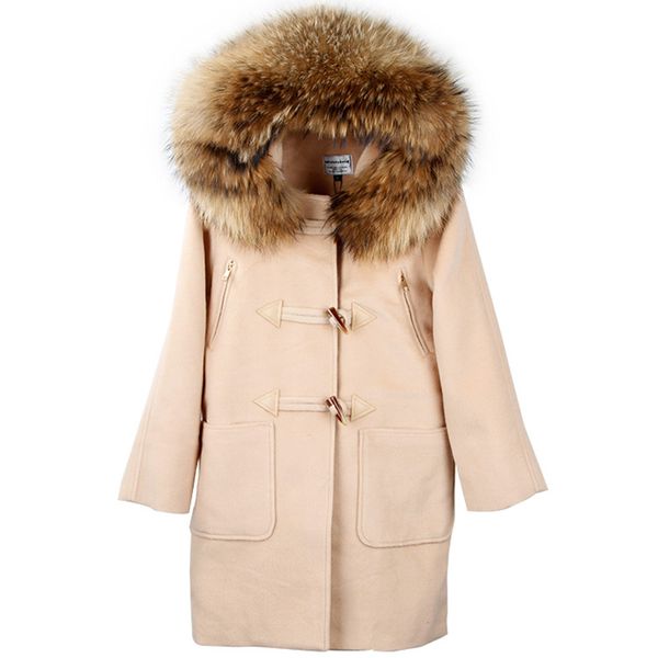 

2021 new max same skin raccoon-like fur collar hood horn button wool clothing women's jacket np1s, Black