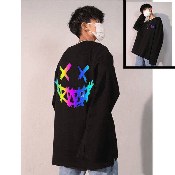 

улыбайтесь светоотражающим hoodie streetwear мужчины hip hop негабаритной толстовка япония harajuku tops casual весна осень rock толстовка м, White;black