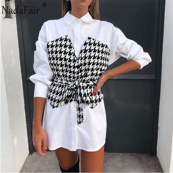 

nadafair mini woman dress fashion houndstooth patchwork long sleeve sash bow tunic a-line shirt dress casual, Black;gray