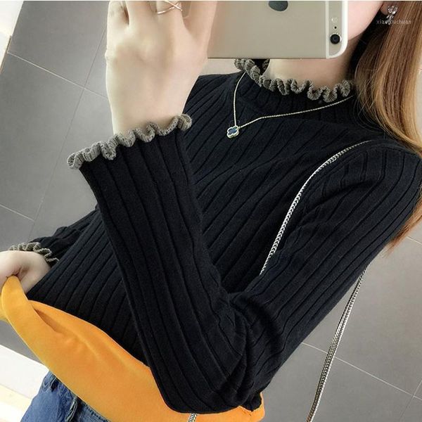 

lucyever elegant ruffles women pullover sweater winter thick warm slim long sleeve ladies knitted jumper casual basic blouse1, White;black