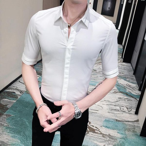 

men's casual shirts white shirt men summer mens clothing 2021 half sleeve social for slim fit tuxedo dress blouse, White;black