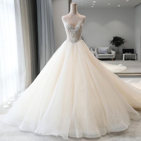 

gorgeous hand beaded wedding dresses ball gown spaghetti vestidos de novia backless with court train wedding gown bride dress, White