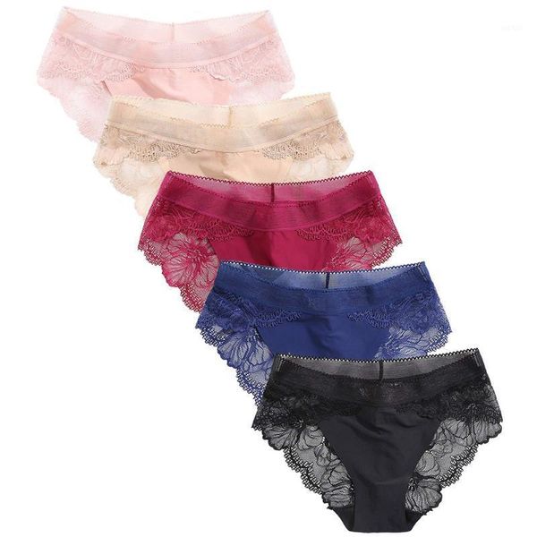 

5pcs soft lace daily bikini mide rise women briefs casual solid see through knickers seamless attractive ladies underwear1, Black;pink