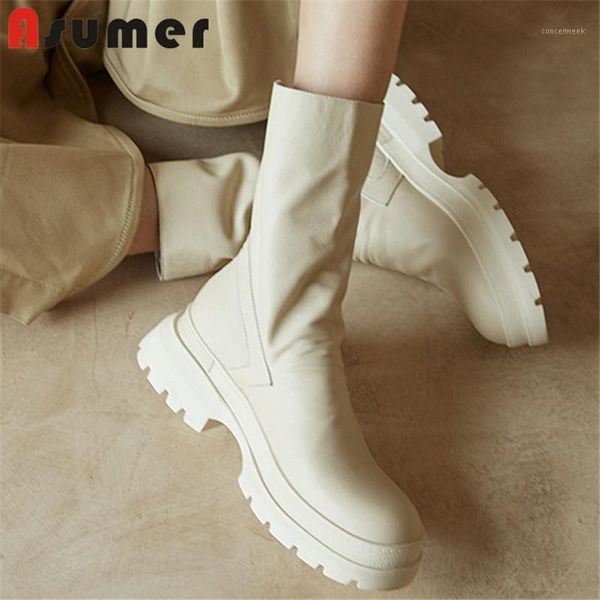 

boots asumer 2021 thick bottom genuine leather shoes women ankle zip round toe comfortable motorcycle woman1, Black