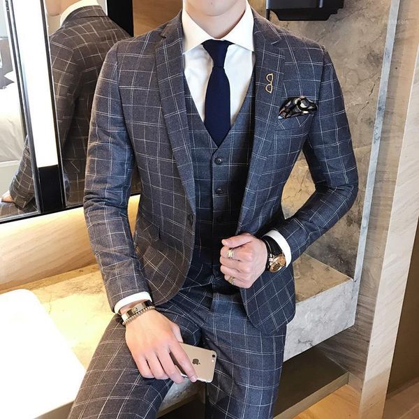 

new mens suit autumn winter plaid suit slim nightclub groom wedding 3-piece set casual csms0181, White;black