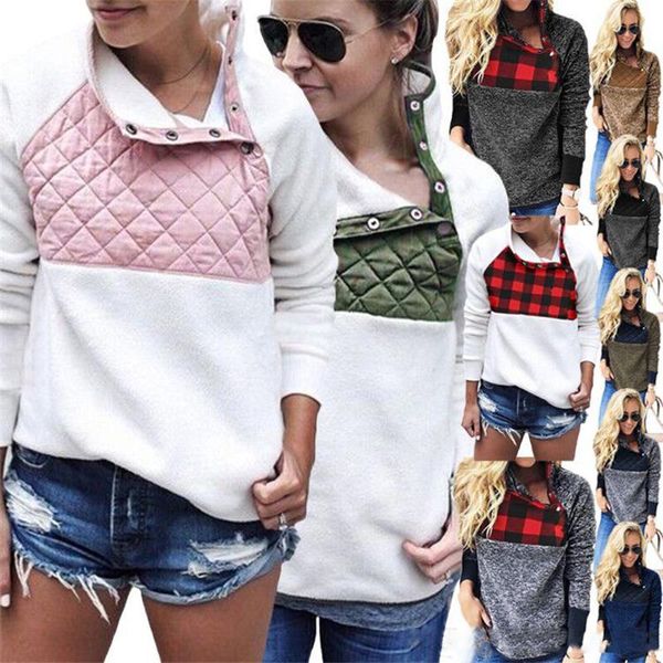 

3 цвета женщины свитера крупногабаритные теплой длинные рукава косой кнопка шея сращивание толстовка руно пуловер пальто кофта верхняя одежд, Black