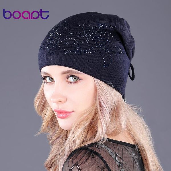 

[boapt] rope with back double-deck cotton knitted caps for women's hats diamond flower female warm winter hat skullies beanies, Blue;gray