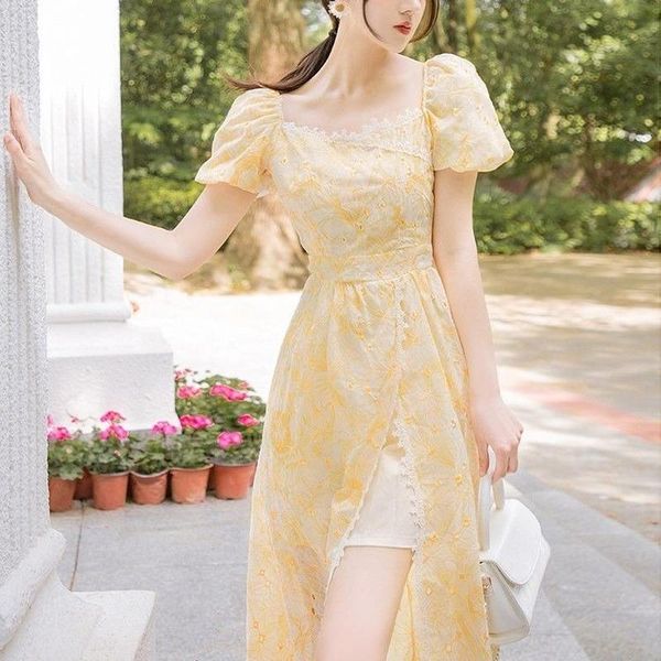 

elegant dress women puff sleeve retro vintage dress 2020 korean style a-line office women french floral midi summer, Black;gray