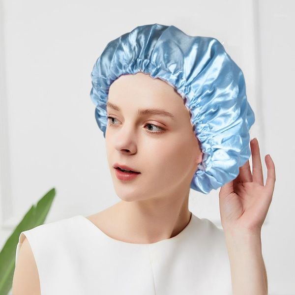 

women double waterproof colour ding bath cap super waterightness new plain colour lining bathroom accessories1