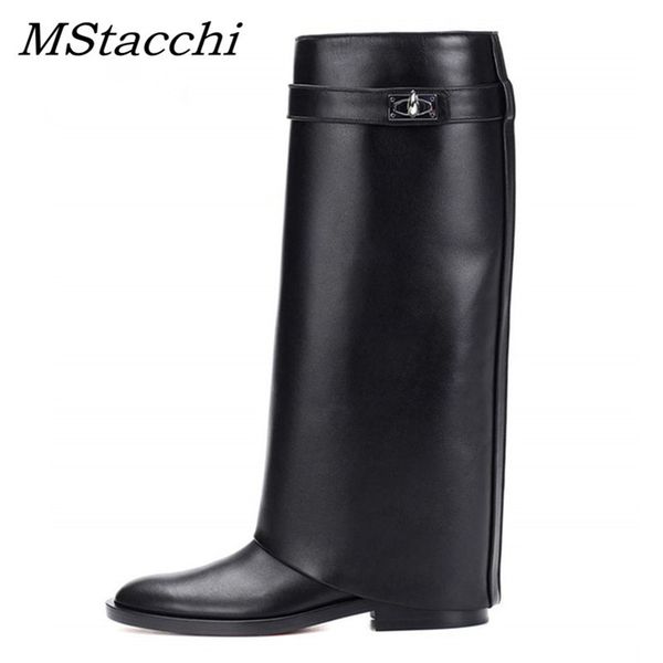 

mstacchi new arrival black genuine leather knee high boots women shark buckle low heel motorcycle long boots mujer zapatos lj201130