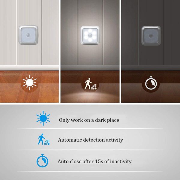 6 LED Luz de noche Alimentado por batería Sensor de movimiento Luz Paso Escalera Armario Luz para el hogar Cocina Pasillo Gabinete Armario Baño HHD4797