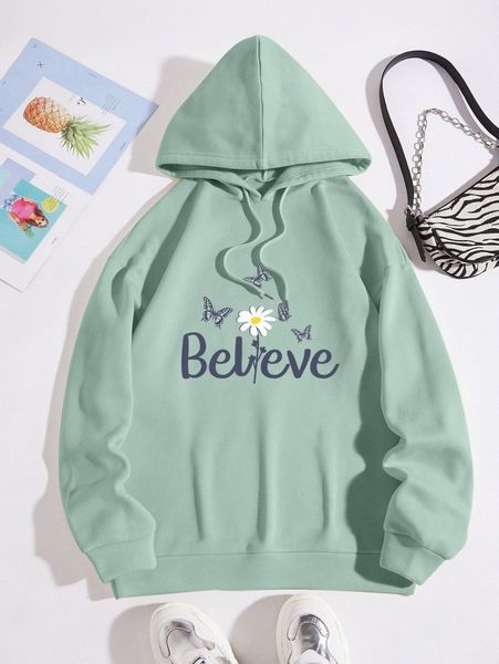 

butterfly & letter graphic drawstring thermal hoodie o8di#, White;black