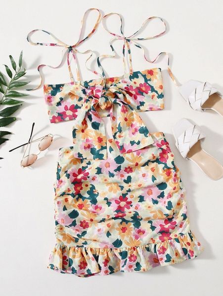 

allover floral print knot shoulder tie front crop cami & skirt set c0qq#, White