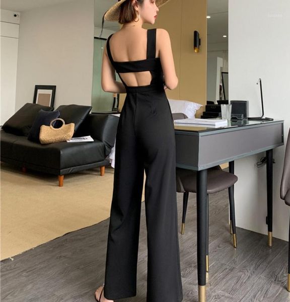 

elegant strap jumpsuits women summer 2020 sleeveless casual jump suit open back wide leg long jumpsuit1, Black;white