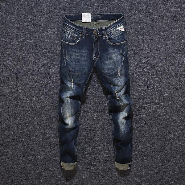 

fashion streetwear men jeans black blue slim fit spliced designer jeans men hip hop pants italian vintage designer ripped1