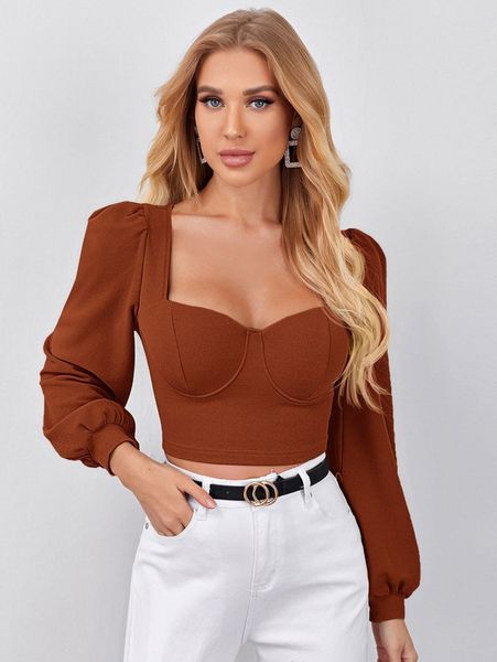 

sweetheart neck lantern sleeve crop s2n9#, White