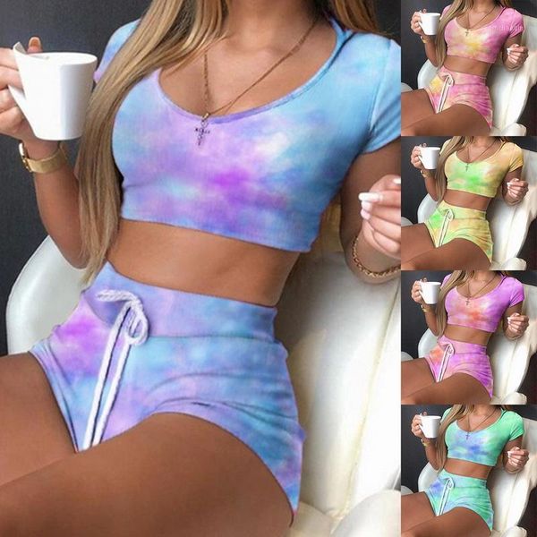 

yoga outfits tie dye homewear women casual set multicolor streetwear 2021 o-neck shirt sleeve drawstring shorts bandage two-piece set1, White;red