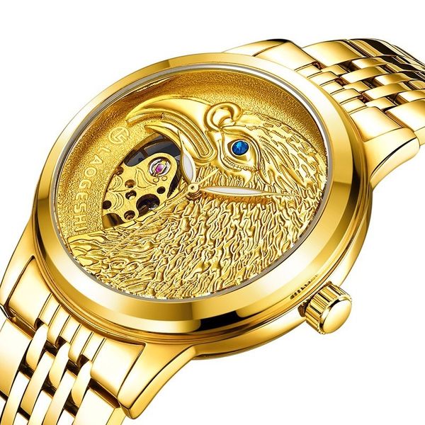 

men automatic mechanical watches laogeshi brand masculino men's gold steel belt waterproof watch luminous clock meski, Slivery;brown