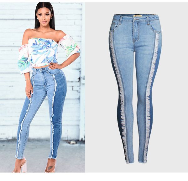 

women skinny ripped woman contrast color slim jeans for women's denim pants, Blue