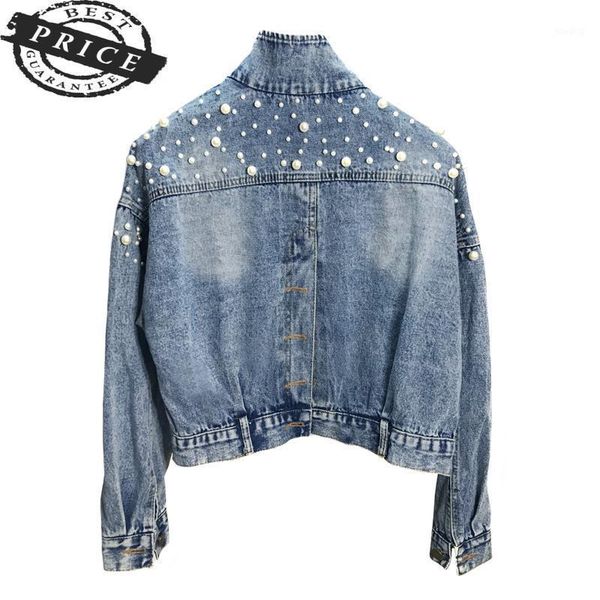 

women size vintage 2021 plus jean jacket pearls beading spring new long sleeve pockets denim jackets women loose outwear female1, Black;brown