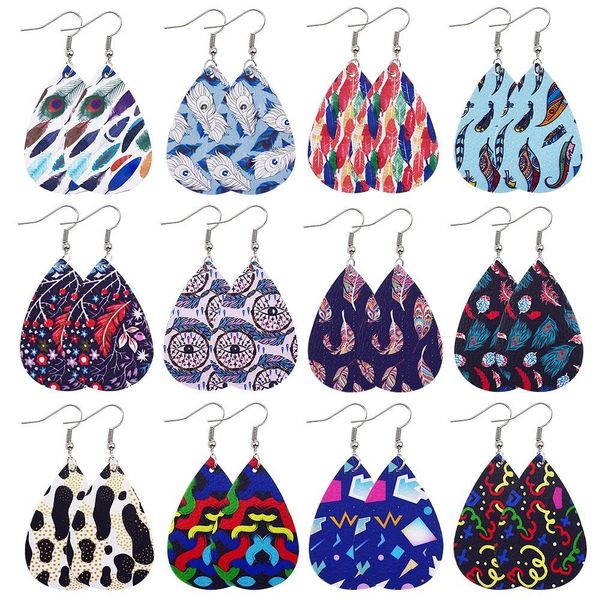 

creative waterdrop pu leather earrings dangle printed double-sided retro punk element earring leaves graffiti art women jewelry party gifts, Silver