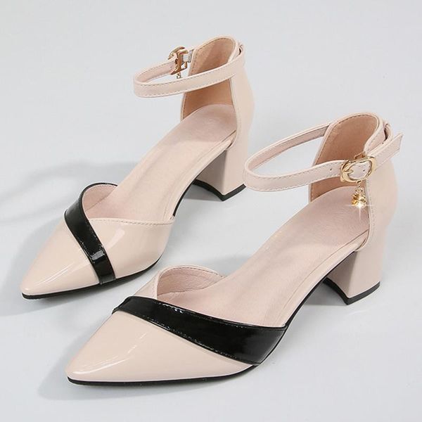 

one-button buckle sandals new pointed pointed thick heels baotou female female middle heel shoes single heel, Black