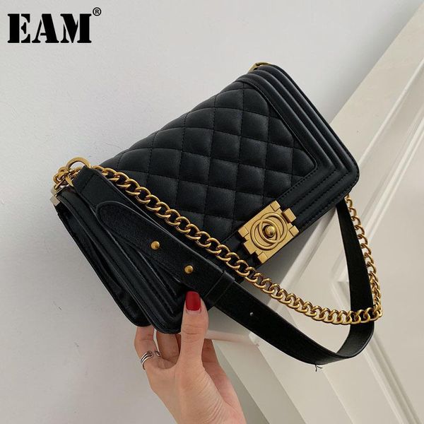 

[eam] women new quality chains argyle pu leather flap personality all-match crossbody shoulder bag fashion tide 2021 18a1148