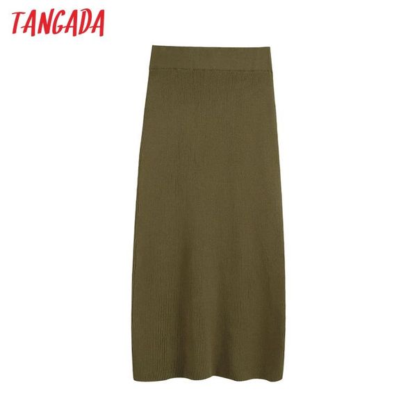 

tangada 2020 autumn women amygreen pencil knitted vintage elastic waist back open female midi skirts mujer be840, Black