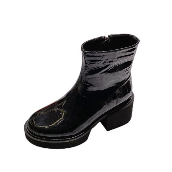 

boots women winter warm patent leather chunky heel shoes plush ladies pumps, Black