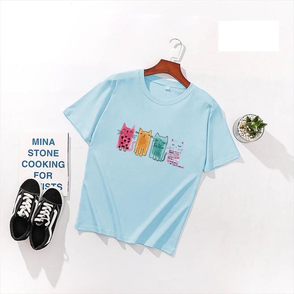 

four little cats print women t shirts spring summer short sleeve o neck cotton spandex women tees slim fit t, White