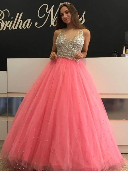 Água melão frisado lantejoulas quinceanera vestidos baratos sheer neck tule noite vestidos de baile personalizado festa doce 16 vestidos l160