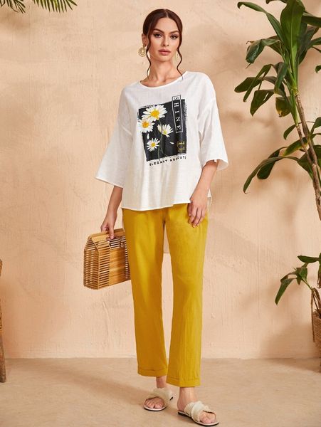 

floral & letter graphic tee & roll hem pants set s1gr#, White