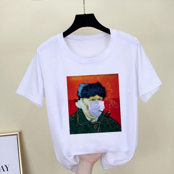 

womens t shirt cartoon painting mona lisa women wearing masked t shirt harajuku graphic casual women, White