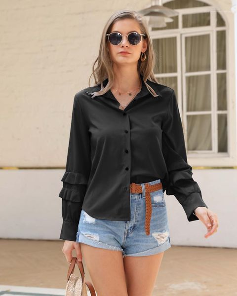 

blouses lapel neck solid color autumn shirt ladies spring clothes women ruffle long sleeve, White