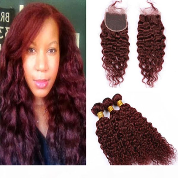 

brazilian wet and wavy 99j wine red weaves human hair 3bundles and closure burgundy red water wave virgin hair extensions with lace closure, Black;brown