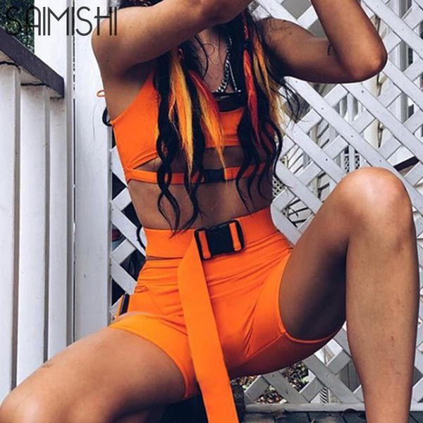 

saimishi neon green short cami and hollow out buckle shorts women tracksuit set 2020 summer two piece outfits club, White