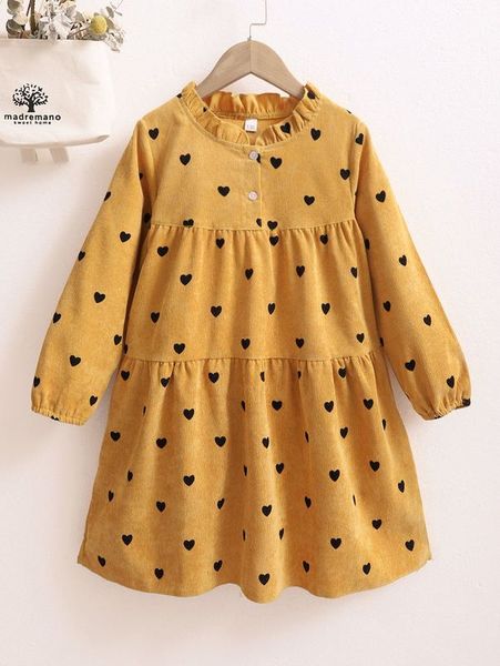 

girls heart print frilled neck corduroy smock dress she, Red;yellow